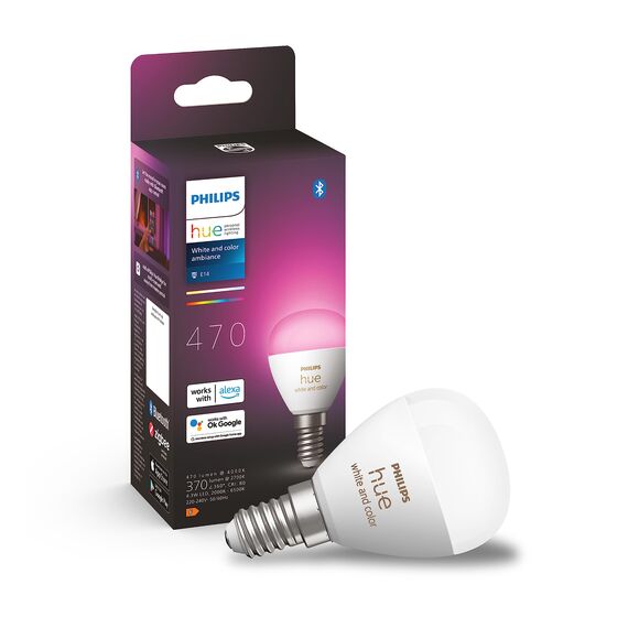 Philips Hue White & Color Ambiance E14 LED Lampe (470 lm), dimmbares LED Leuchtmittel für das Hue Lichtsystem mit 16 Mio. Farben, smarte Lichtsteuerung über Sprache und App, 1er Pack