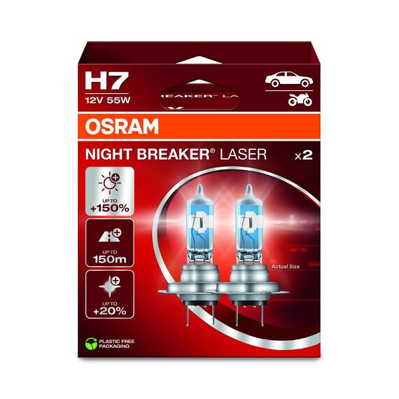 Osram NIGHT BREAKER LASER H7, +150% mehr Helligkeit, Halogen-Scheinwerferlampe, 64210NL-2HB, 12V PKW, Hängebox (2 Lampen)