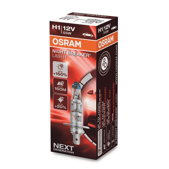 Osram NIGHT BREAKER LASER H1, +150% mehr Helligkeit, Halogen-Scheinwerferlampe, 64150NL, 12V PKW, Faltschachtel (1 Lampe)