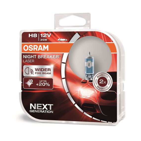 OSRAM NIGHT BREAKER LASER H8, +150% mehr Helligkeit, Halogen-Scheinwerferlampe, 64212NL-HCB, 12V PKW, Duo Box (2 Lampen)