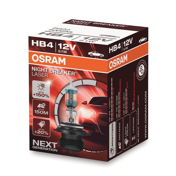 Osram NIGHT BREAKER LASER HB4, +150% mehr Helligkeit, Halogen-Scheinwerferlampe, 9006NL, 12V PKW, Faltschachtel (1 Lampe)