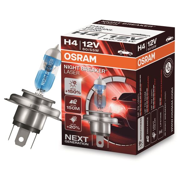 Osram NIGHT BREAKER LASER H4, +150% mehr Helligkeit, Halogen-Scheinwerferlampe, 64193NL, 12V PKW, Faltschachtel (1 Lampe)