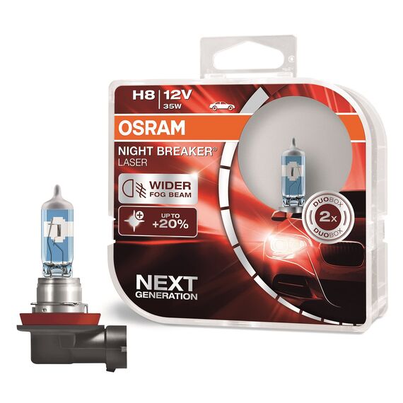 OSRAM NIGHT BREAKER LASER H8, +150% mehr Helligkeit, Halogen-Scheinwerferlampe, 64212NL-HCB, 12V PKW, Duo Box (2 Lampen)