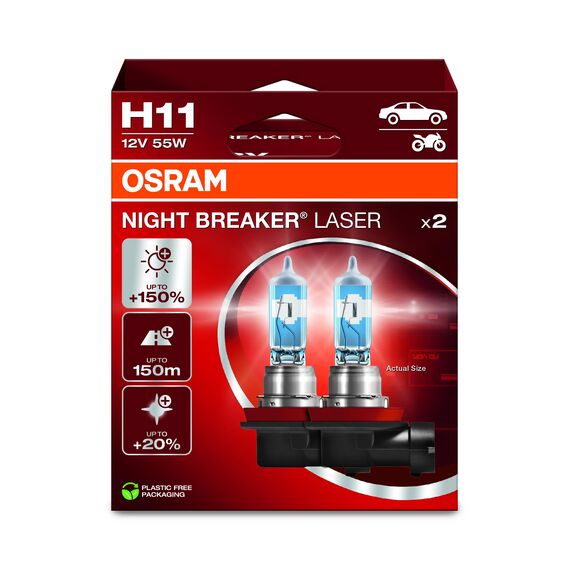 Osram NIGHT BREAKER LASER H11, +150% mehr Helligkeit, Halogen-Scheinwerferlampe, 64211NL-2HB, 12V PKW, Hängebox (2 Lampen)
