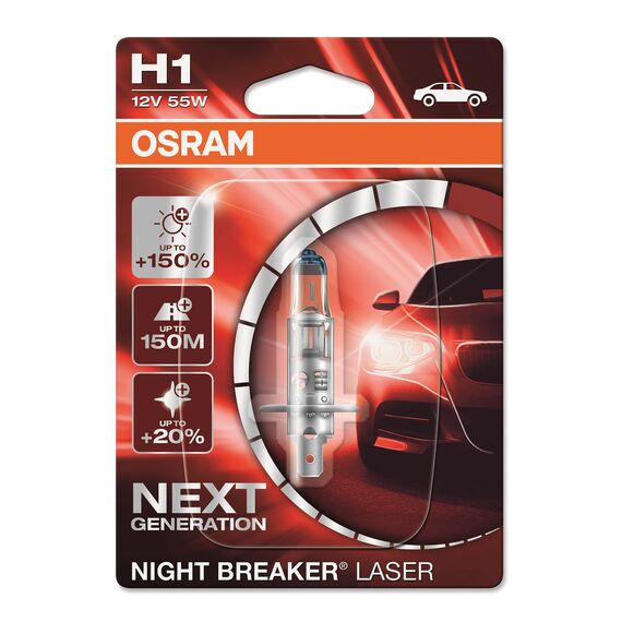 OSRAM NIGHT BREAKER LASER H1, +150% mehr Helligkeit, Halogen-Scheinwerferlampe, 64150NL-01B, 12V PKW, Blister (1 Lampe)