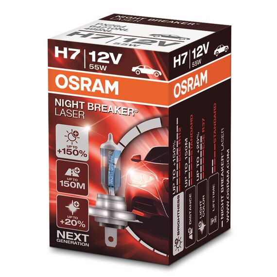 Osram NIGHT BREAKER LASER H7, +150% mehr Helligkeit, Halogen-Scheinwerferlampe, 64210NL, 12V PKW, Faltschachtel (1 Lampe)