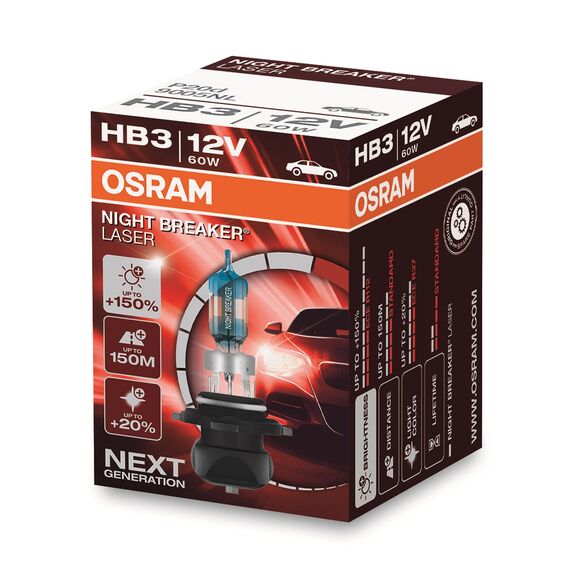 Osram NIGHT BREAKER LASER HB3, +150% mehr Helligkeit, Halogen-Scheinwerferlampe, 9005NL, 12V PKW, Faltschachtel (1 Lampe)