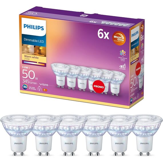 Philips LED Classic GU10 Lampen Warm Glow 6-er Pack (50 W), dimmbare Reflektor LED Spots mit warmweißem Licht, energiesparende Lampen mit langer Nutzlebensdauer, Warmglow Dimmbar