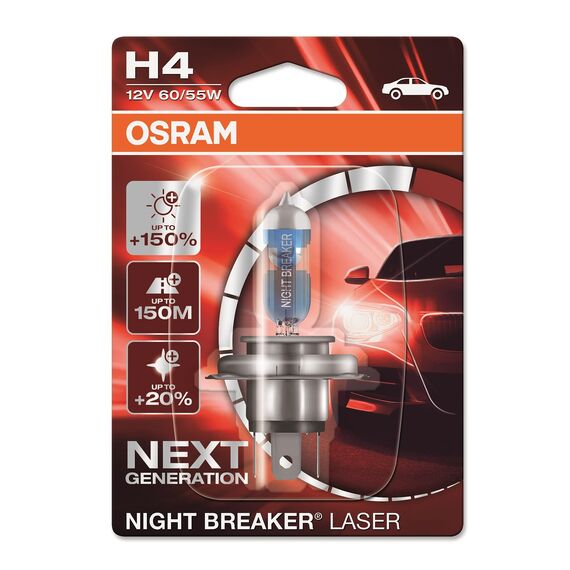 OSRAM NIGHT BREAKER LASER H4, +150% mehr Helligkeit, Halogen-Scheinwerferlampe, 64193NL-01B, 12V PKW, Blister (1 Lampe)