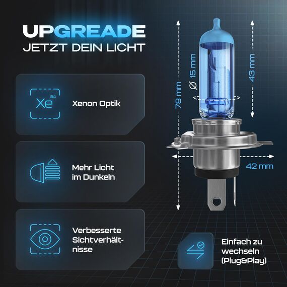 Gread - 2x H4 Frontscheinwerfer Halogenlampe - superwhite - 8500k 55W - eintragungsfrei