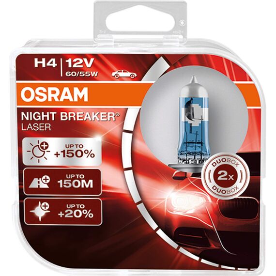 OSRAM NIGHT BREAKER LASER H4, +150% mehr Helligkeit, Halogen-Scheinwerferlampe, 64193NL-HCB, 12V PKW, Duo Box (2 Lampen)