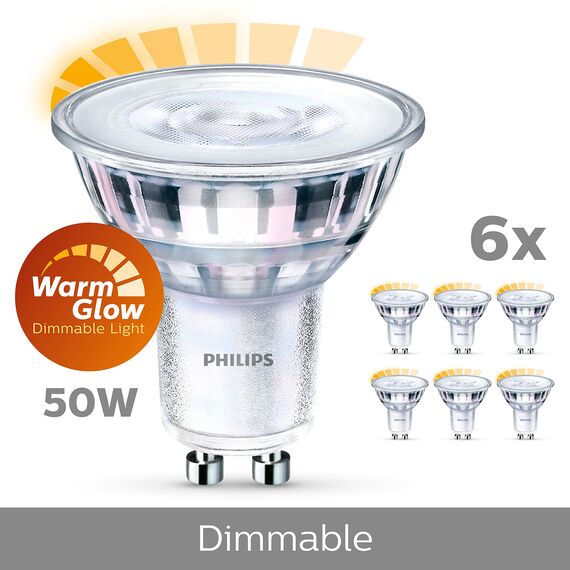 Philips LED Classic GU10 Lampen Warm Glow 6-er Pack (50 W), dimmbare Reflektor LED Spots mit warmweißem Licht, energiesparende Lampen mit langer Nutzlebensdauer, Warmglow Dimmbar