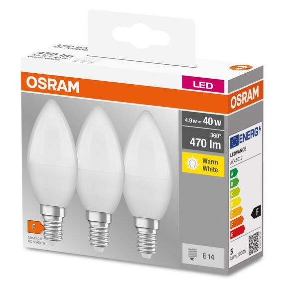 Osram BASE CLASSIC B 40 FR LED-Lampe mit Sockel E14, Minikerzenform, 3er Pack, 4,9W, 470lm, 2700K, warmweißes Licht, geringere Wärmeentwicklung, sehr geringer Energieverbrauch, lange Lebensdauer