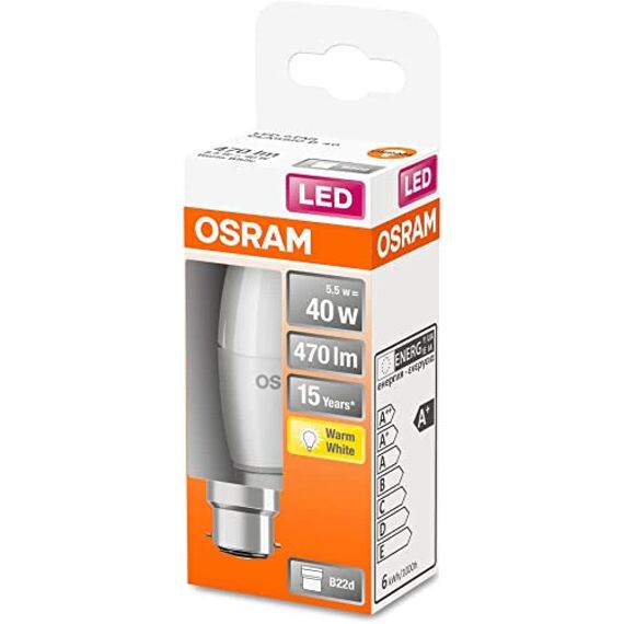 OSRAM LED Star Classic B40, matte LED-Lampe in Kerzenform, B22d Sockel, Warmweiß (2700K), 470 Lumen, Ersatz für herkömmliche 40W-Glühbirnen, 6er-Pack