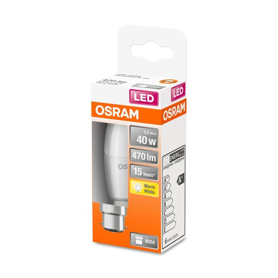 OSRAM LED Star Classic B40, matte LED-Lampe in Kerzenform, B22d Sockel, Warmweiß (2700K), 470 Lumen, Ersatz für herkömmliche 40W-Glühbirnen, 1er-Pack