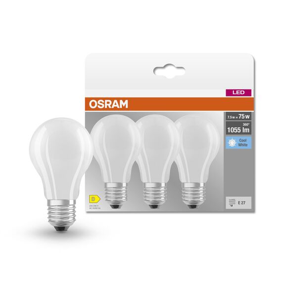 Osram LED BASE Classic A75, matte Filament LED-Lampen aus Glas für E27 Sockel, Birnenform, Kaltweiß (4000K), 1055 Lumen, Ersatz für herkömmliche 75W-Glühbirnen, 3er-Box