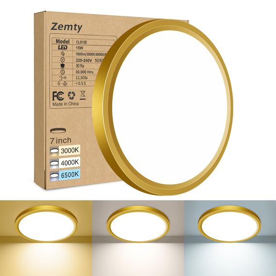 zemty 3Farben 3000/4000/6500K LED Deckenleuchte Flach, 15W 1800LM Ø18cm Deckenleuchten, Golden Rund Ultra Dünn Deckenlampe LED Lampen Deckenlampen,Deckenbeleuchtung für Badezimmer,Küche