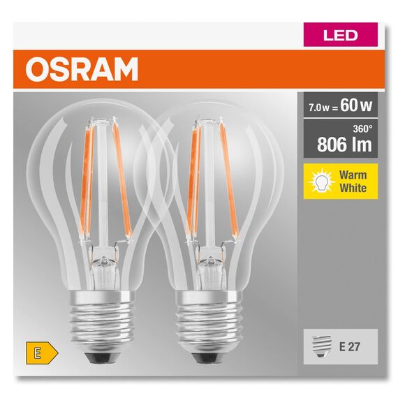 OSRAM LED Base Classic A Lampe, in Kolbenform mit E27-Sockel, nicht dimmbar, Ersetzt 60 Watt, Filamentstil Klar, Warmweiß - 2700 Kelvin, 10 x 2er-Pack