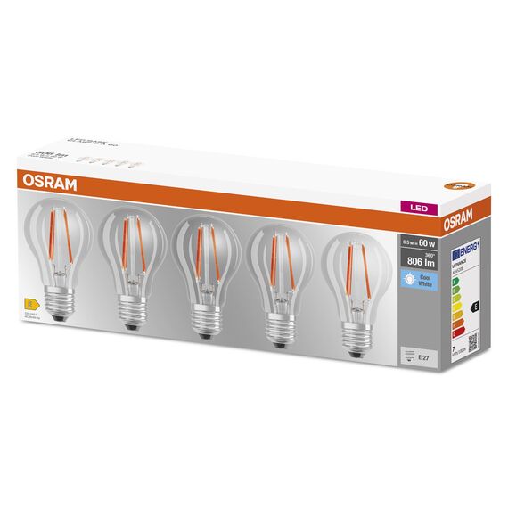 Osram LED BASE Classic A60, klare Filament LED-Lampen aus Glas für E27 Sockel, Birnenform, Kaltweiß (4000K), 806 Lumen, Ersatz für herkömmliche 60W-Glühbirnen, 5er-Box