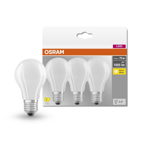 Osram LED BASE Classic A75, matte Filament LED-Lampen aus Glas für E27 Sockel, Birnenform, Warmweiß (2700K), 1055 Lumen, Ersatz für herkömmliche 75W-Glühbirnen, 3er-Box