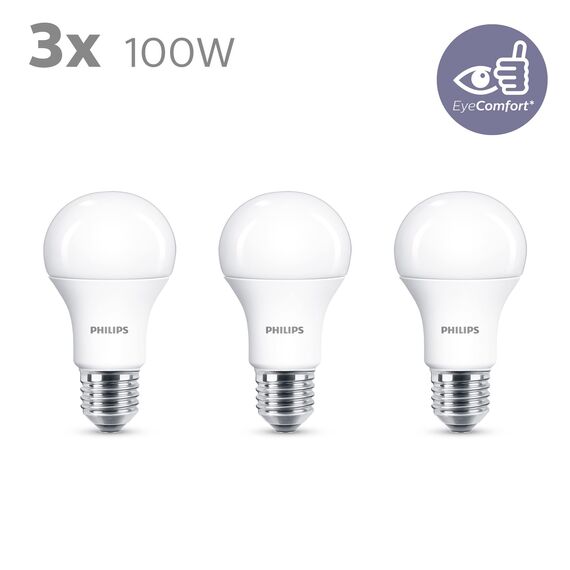 Philips LED Classic E27 Lampen 3-er Pack (100 W), matte LED Lampen mit warmweißem Licht, energiesparende Lampen mit langer Nutzlebensdauer, alte Generation
