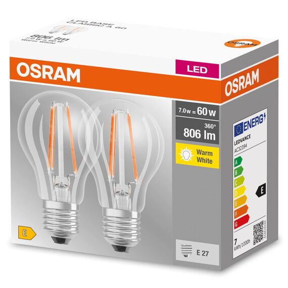 OSRAM LED Base Classic A Lampe, in Kolbenform mit E27-Sockel, nicht dimmbar, Ersetzt 60 Watt, Filamentstil Klar, Warmweiß - 2700 Kelvin, 10 x 2er-Pack