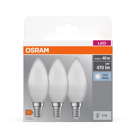 Osram LED BASE Classic B40, matte Filament LED-Lampen aus Glas für E14 Sockel, Kerzenform, Kaltweiß (4000K), 806 Lumen, Ersatz für herkömmliche 40W-Glühbirnen, 3er-Box