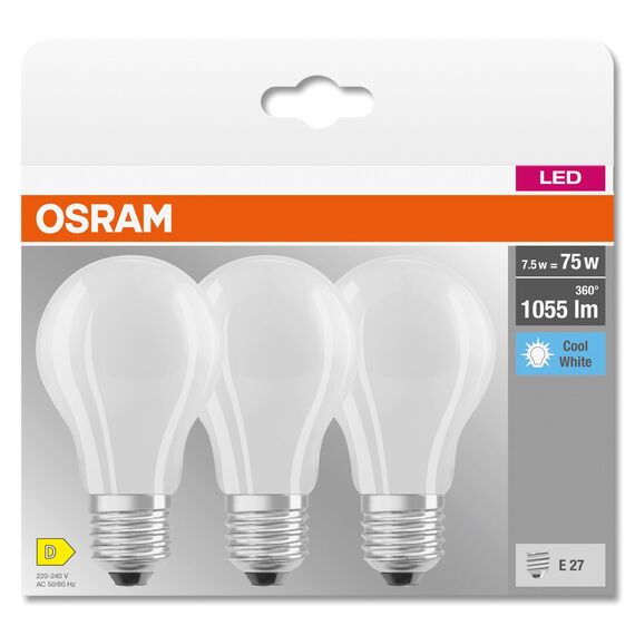 Osram LED BASE Classic A75, matte Filament LED-Lampen aus Glas für E27 Sockel, Birnenform, Kaltweiß (4000K), 1055 Lumen, Ersatz für herkömmliche 75W-Glühbirnen, 3er-Box