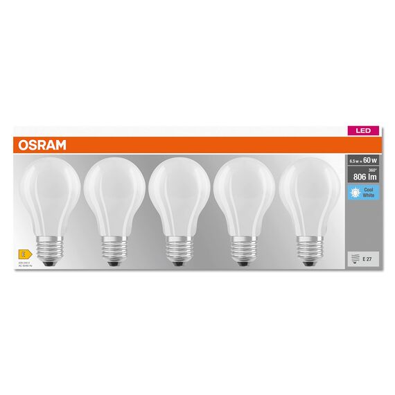Osram LED BASE Classic A60, matte Filament LED-Lampen aus Glas für E27 Sockel, Birnenform, Kaltweiß (4000K), 806 Lumen, Ersatz für herkömmliche 60W-Glühbirnen, 5er-Box
