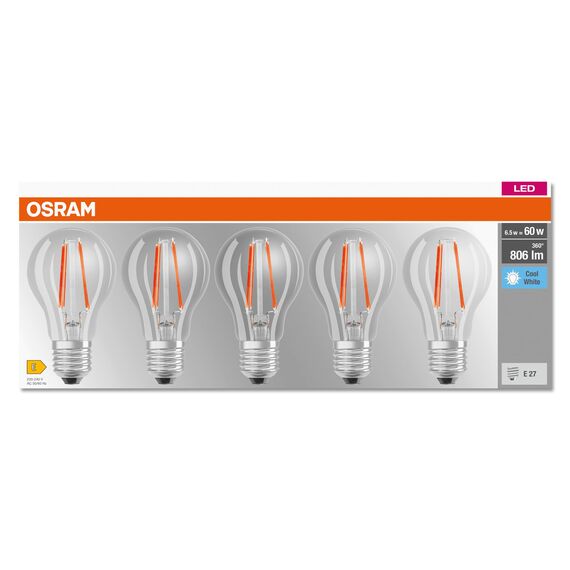Osram LED BASE Classic A60, klare Filament LED-Lampen aus Glas für E27 Sockel, Birnenform, Kaltweiß (4000K), 806 Lumen, Ersatz für herkömmliche 60W-Glühbirnen, 5er-Box