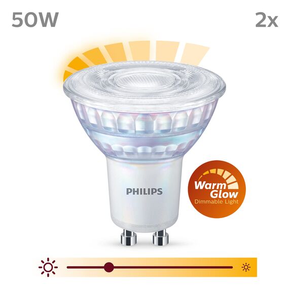 Philips LED Classic GU10 WarmGlow Lampe, 50W, Reflektor, dimmbar, warmweiß, Doppelpack