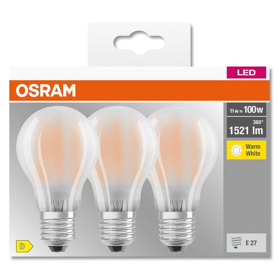 Osram LED BASE Classic A100, matte Filament LED-Lampen aus Glas für E27 Sockel, Birnenform, Warmweiß (2700K), 1521 Lumen, Ersatz für herkömmliche 100W-Glühbirnen, 3er-Box
