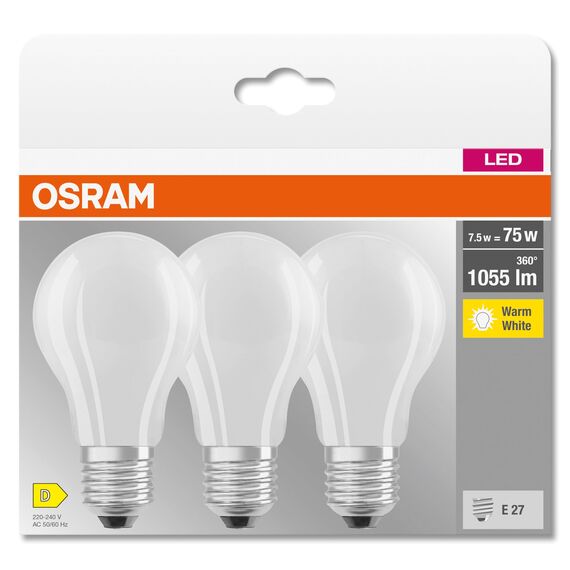 Osram LED BASE Classic A75, matte Filament LED-Lampen aus Glas für E27 Sockel, Birnenform, Warmweiß (2700K), 1055 Lumen, Ersatz für herkömmliche 75W-Glühbirnen, 3er-Box