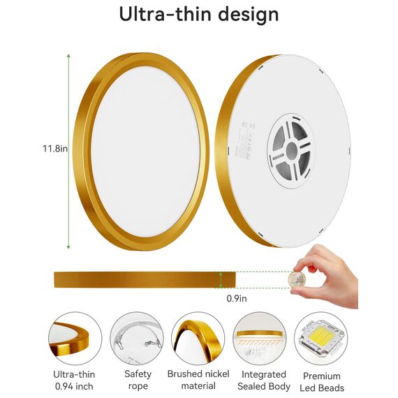 zemty 24W LED Deckenleuchte Flach 29.5cm 3Farben 3000/4000/6500K Deckenlampe,Golden Ultra Dünn LED Lampen Deckenlampen,Deckenleuchten Deckenbeleuchtung für Badezimmer,Wohnzimmer,Küche,Schlafzimmer