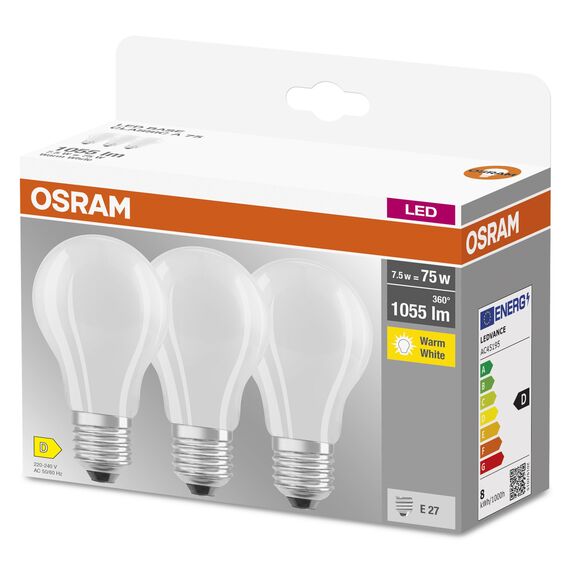 Osram LED BASE Classic A75, matte Filament LED-Lampen aus Glas für E27 Sockel, Birnenform, Warmweiß (2700K), 1055 Lumen, Ersatz für herkömmliche 75W-Glühbirnen, 3er-Box
