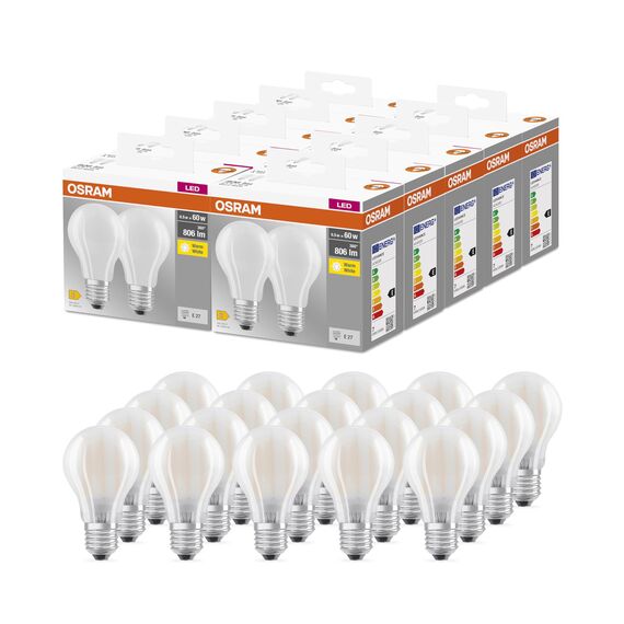 OSRAM BASE CLASSIC A GLFR 60 LED-Lampe mit Sockel E27, Kolbenform, Doppelpack, 6,5W, 806lm, 2700K, warmweißes Licht, geringe Wärmeentwicklung, lange Lebensdauer, geringer Energieverbrauch,20-Pack