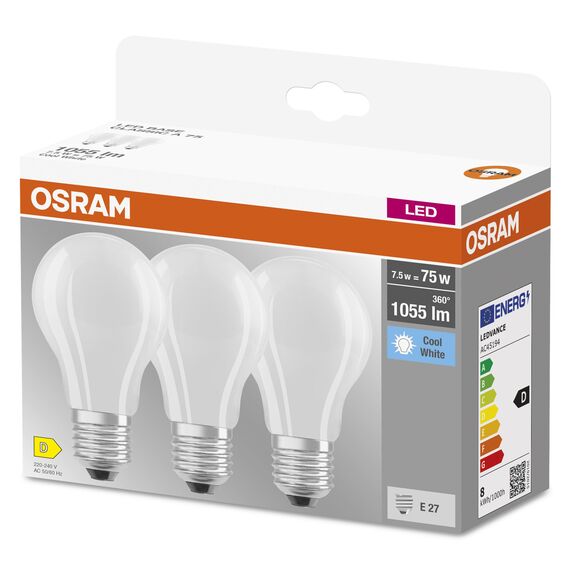 Osram LED BASE Classic A75, matte Filament LED-Lampen aus Glas für E27 Sockel, Birnenform, Kaltweiß (4000K), 1055 Lumen, Ersatz für herkömmliche 75W-Glühbirnen, 3er-Box