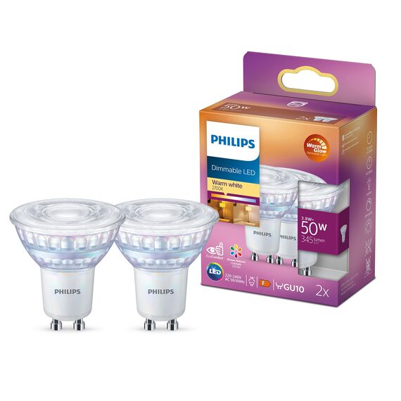 Philips LED Classic GU10 WarmGlow Lampe, 50W, Reflektor, dimmbar, warmweiß, Doppelpack