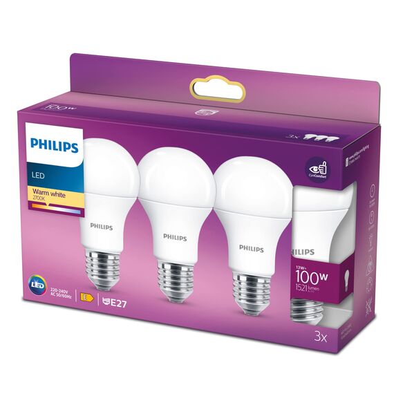 Philips LED Classic E27 Lampen 3-er Pack (100 W), matte LED Lampen mit warmweißem Licht, energiesparende Lampen mit langer Nutzlebensdauer, alte Generation