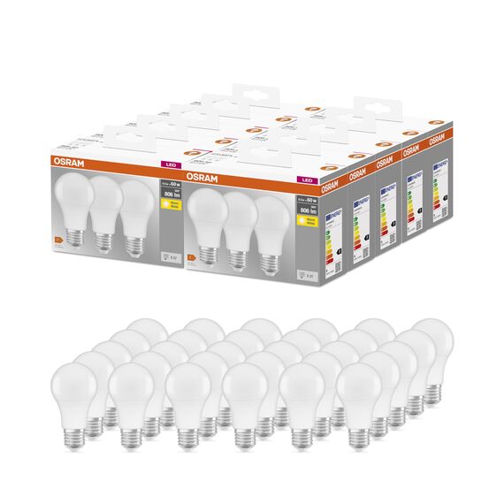 OSRAM BASE CLASSIC A 60 FR LED-Lampe mit Sockel E27, Kolbenform, 3er Pack, 8,5W, 806lm, 2700K, warmweißes Licht, geringere Wärmeentwicklung, sehr geringer Energieverbrauch, lange Lebensdauer,30-Pack