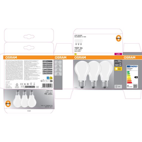 Osram LED BASE Classic A100, matte Filament LED-Lampen aus Glas für E27 Sockel, Birnenform, Warmweiß (2700K), 1521 Lumen, Ersatz für herkömmliche 100W-Glühbirnen, 3er-Box