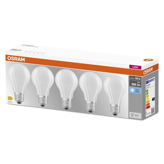 Osram LED BASE Classic A60, matte Filament LED-Lampen aus Glas für E27 Sockel, Birnenform, Kaltweiß (4000K), 806 Lumen, Ersatz für herkömmliche 60W-Glühbirnen, 5er-Box