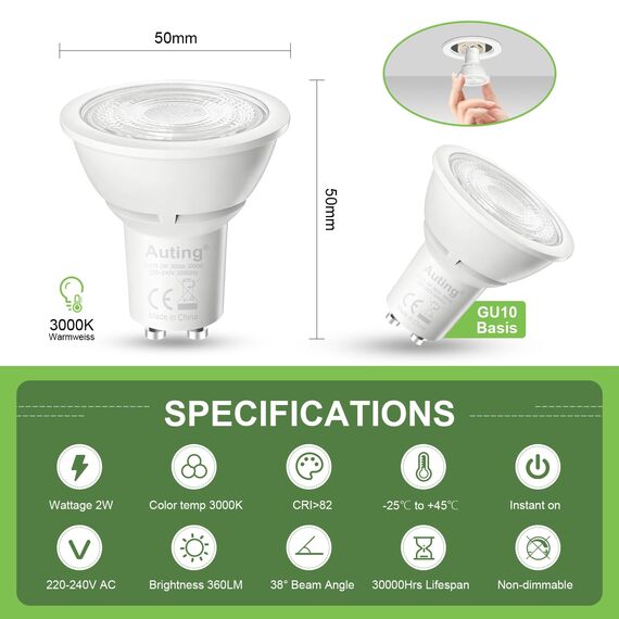 Auting GU10 LED Lampen, 6 Stück 2W (ersetzt 40W Lampe), 360LM, Reflektor LED Spots mit 3000K Warmweiß Licht, 38° Abstrahlwinkel, Nicht Dimmbar, Energieeffizienzklasse A