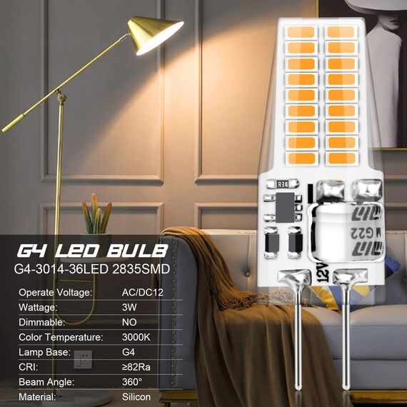 Auting G4 LED Lampen, 3W Led g4 Birne Warmweiß 3000K Ersatz 30W Halogenlampen, 12V AC/DC 300LM g4 Led leuchtmittel,Kein Flimmern Nicht Dimmbar, Energiesparlampe