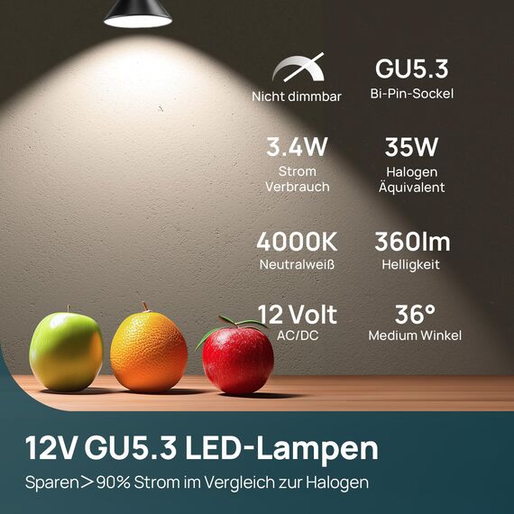 Linkind 12V LED Spot GU5.3 Lampe 3,4W=35W, Neutralweiß 4000K, 360lm Niedervolt 12V MR16 LED Glühbirne mit 36° Abstrahlwinkel, nicht dimmbar, 5 Stück