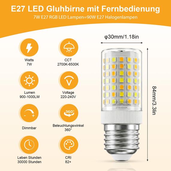 Auting E27 LED Glühbirne Dimmbar mit Fernbedienung,7W (900lm) ersetzt 60-70W, CCT 2700K-6500K (Warmweiß bis Tageslicht) Farbtemperatur, Ideal für Wohnzimmer, Schlafzimmer, Küche, 220-240V, 2er Pack