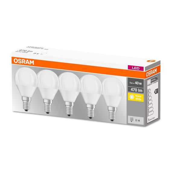 OSRAM LED Base Classic P, Sockel: E14, Nicht Dimmbar, Warmweiß, Ersetzt eine herkömmliche 40 Watt Lampe, Matt, 5-er Pack, Warmweiss