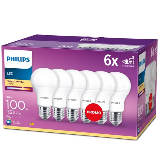 Philips LED Classic E27 Lampen 6-er Pack (100 W), matte LED Lampen mit warmweißem Licht, energiesparende Lampen mit langer Nutzlebensdauer, alte Generation