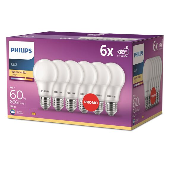 Philips LED Classic E27 Lampen 6-er Pack (60 W), matte LED Lampen mit warmweißem Licht, energiesparende Lampen mit langer Nutzlebensdauer, neue Generation