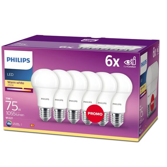 Philips LED Classic E27 Lampen 6-er Pack (75 W), matte LED Lampen mit warmweißem Licht, energiesparende Lampen mit langer Nutzlebensdauer, alte Generation